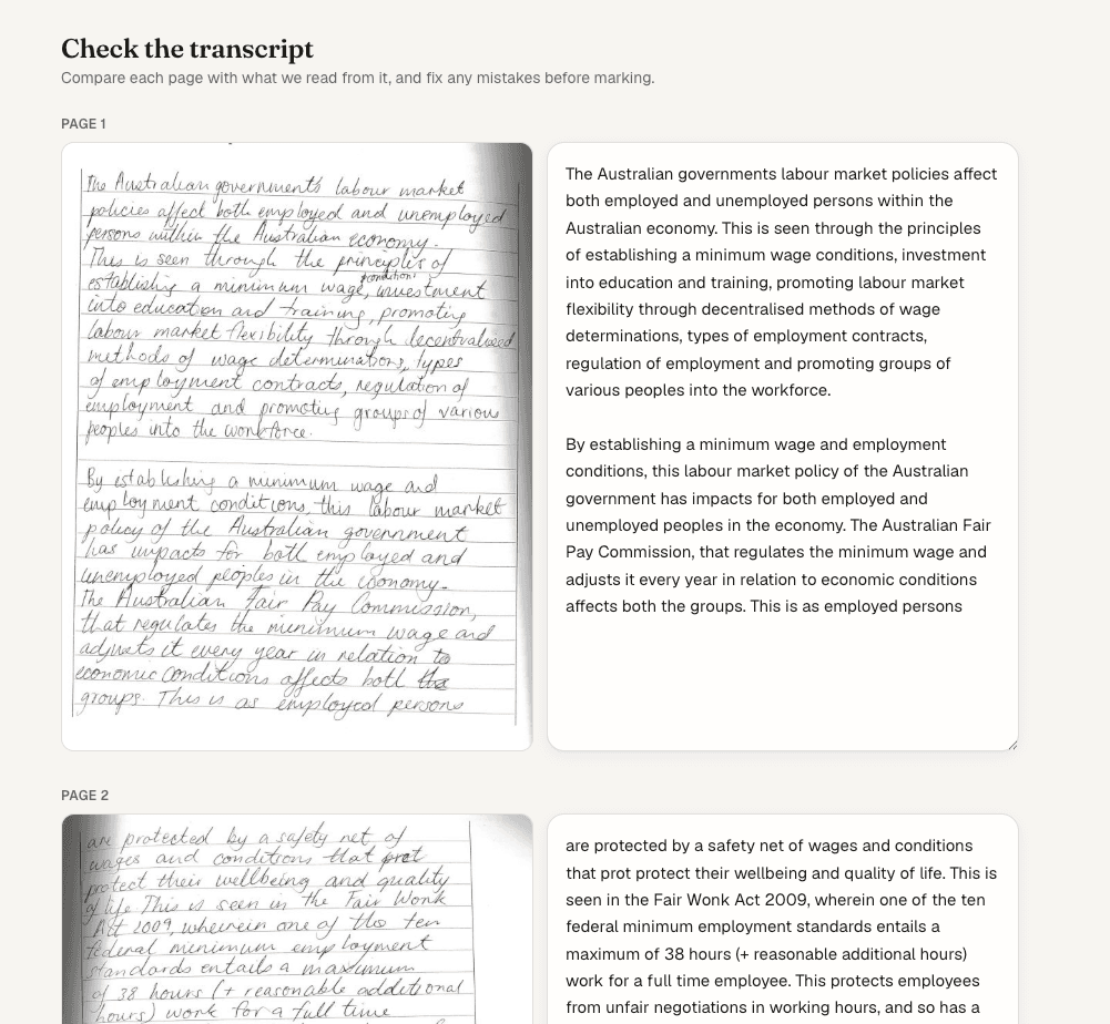 A handwritten page beside its transcript, ready to check